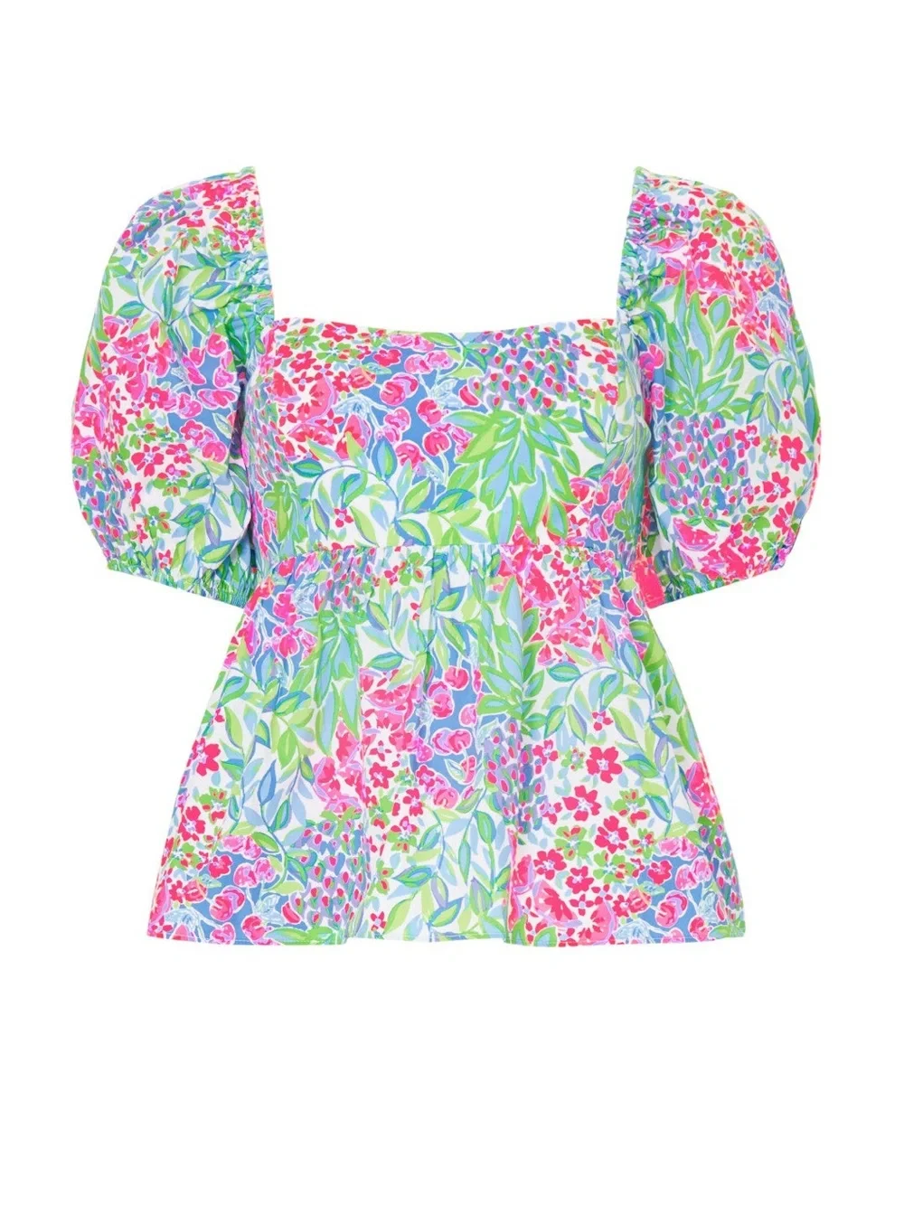 Lily Pulitzer Floral Puff-Sleeve Square Neck Top - Pink & Green